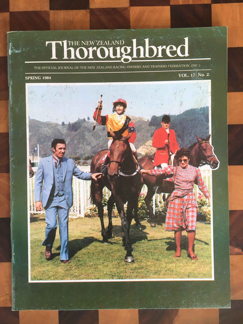 Vol. 17, No. 2, Spring 1984 – Flanked by trainer Neville Atkins and part-owner Eileen Mackley, Tony Williams returns to scale on Secured Deposit after winning the NZ St Leger at Trentham. (Tragically, Tony suffered a crippling fall in January 1984).