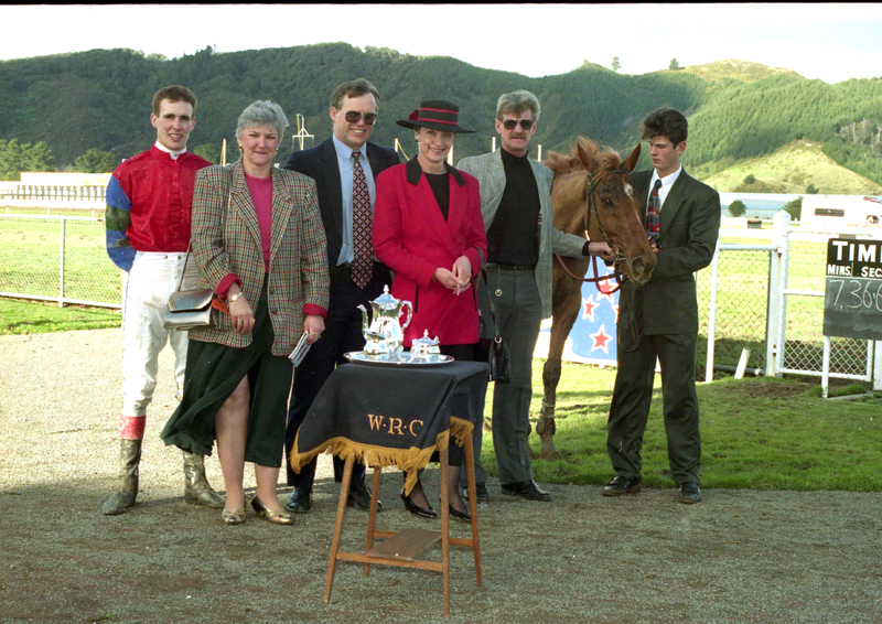 Wellington Steeplechase win 1995 From left – Brett Scott (jockey), Lyn Hawtin, Craig Leishman, Helen Foster, Keith Hawtin (trainer, in partnership with Graeme Rogerson at the time), Brendon Hawtin (who did the work with Lordie).